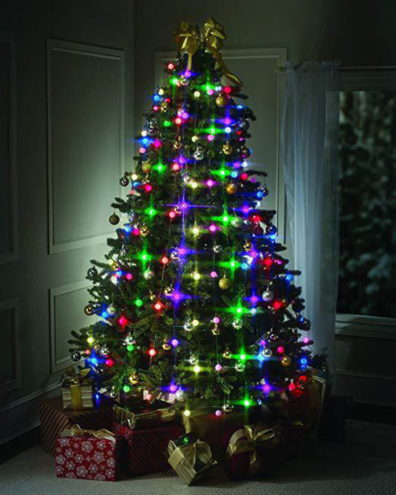 LED Christmas tree lights glowing on a decorated Christmas tree with colorful ornaments and gifts beneath.