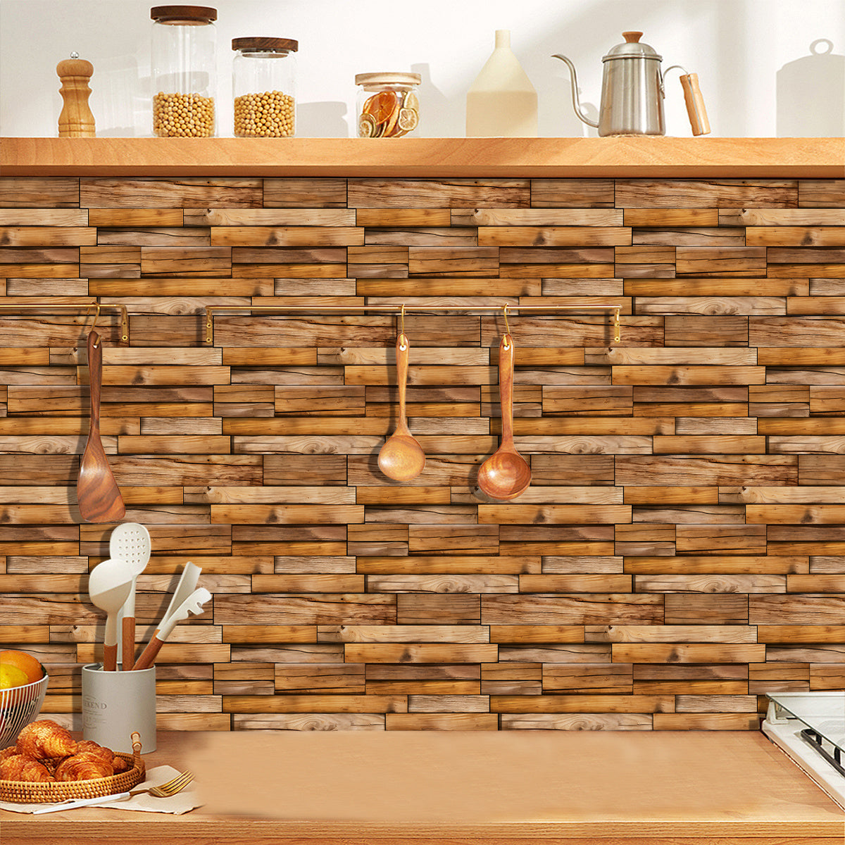 Special-shaped Wood Grain Wall Stickers, PVC Waterproof Peel-and-stick Wallpaper For Kitchen Splashback, Bathroom, Dormitory Decoration With Moisture-proof Self-adhesive Wallpaper