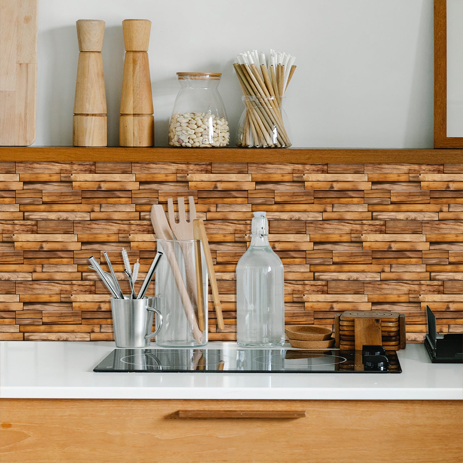 Special-shaped Wood Grain Wall Stickers, PVC Waterproof Peel-and-stick Wallpaper For Kitchen Splashback, Bathroom, Dormitory Decoration With Moisture-proof Self-adhesive Wallpaper